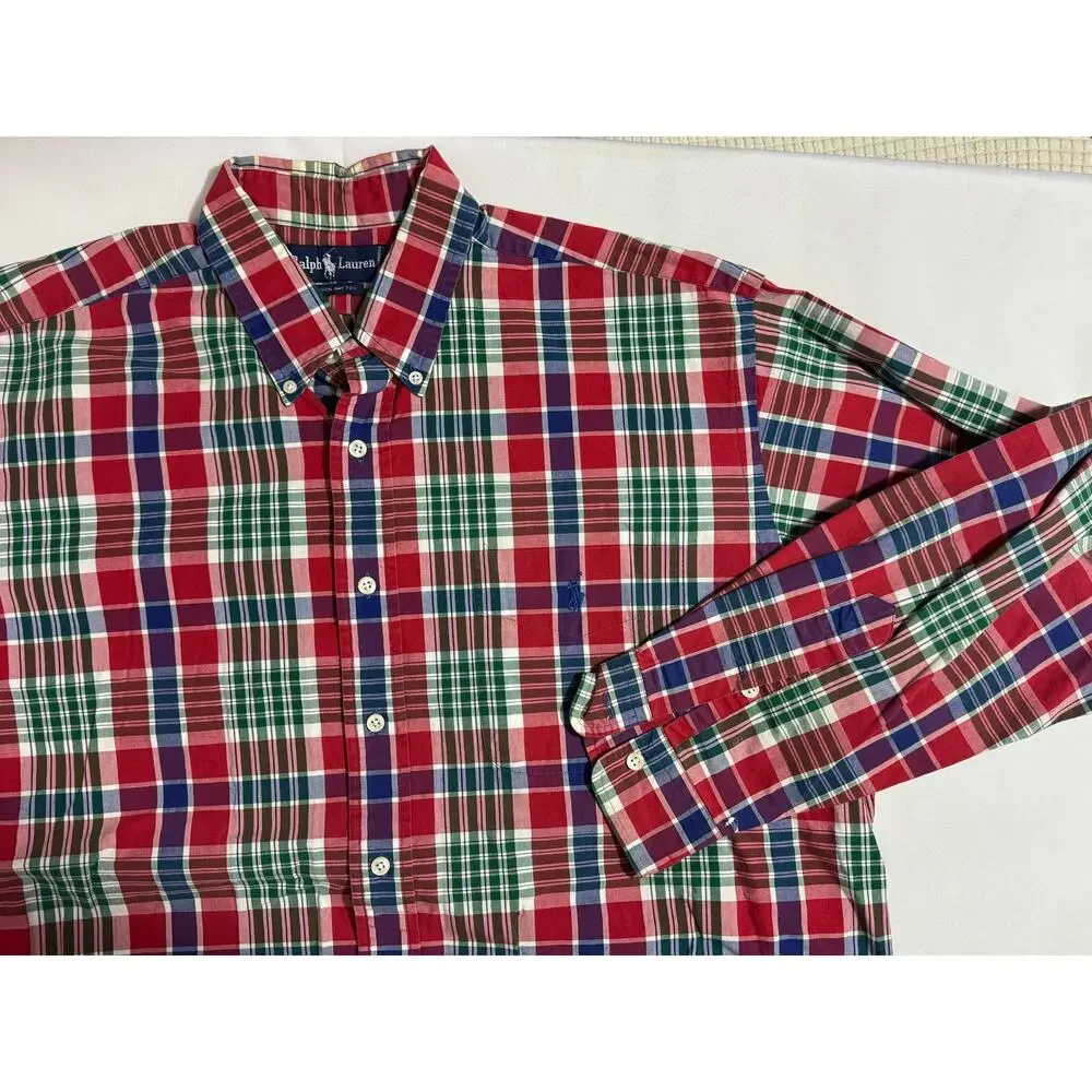 Polo Ralph Lauren Red Blue Green Checkers Button Down Shirt Large 100% Cotton